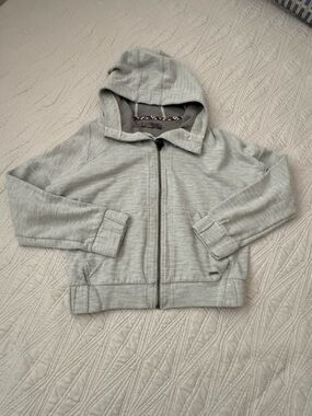 Prana Light Gray Hooded Zip Jacket with Patterned Trim
